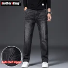 Мужские прямые джинсы Brother Wang, черные повседневные эластичные мешковатые джинсовые брюки, с молнией от кражи, для осени, 2019