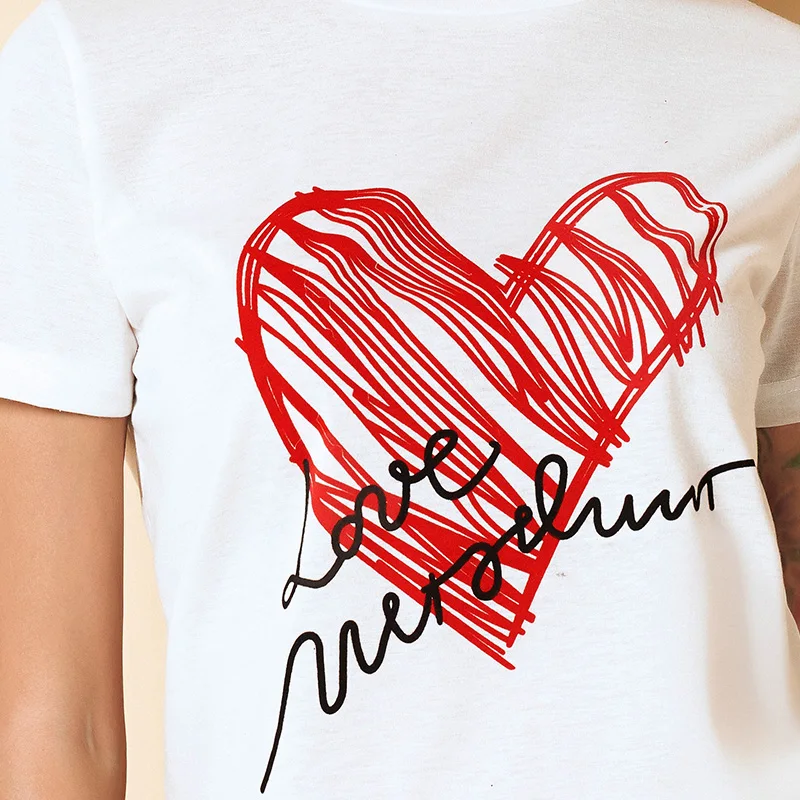 

Summer New Women's Crop Top T-Shirts 2021 White Casual Round Neck Short Sleeve Red Love Letters Printing Sweet Academy Clothes