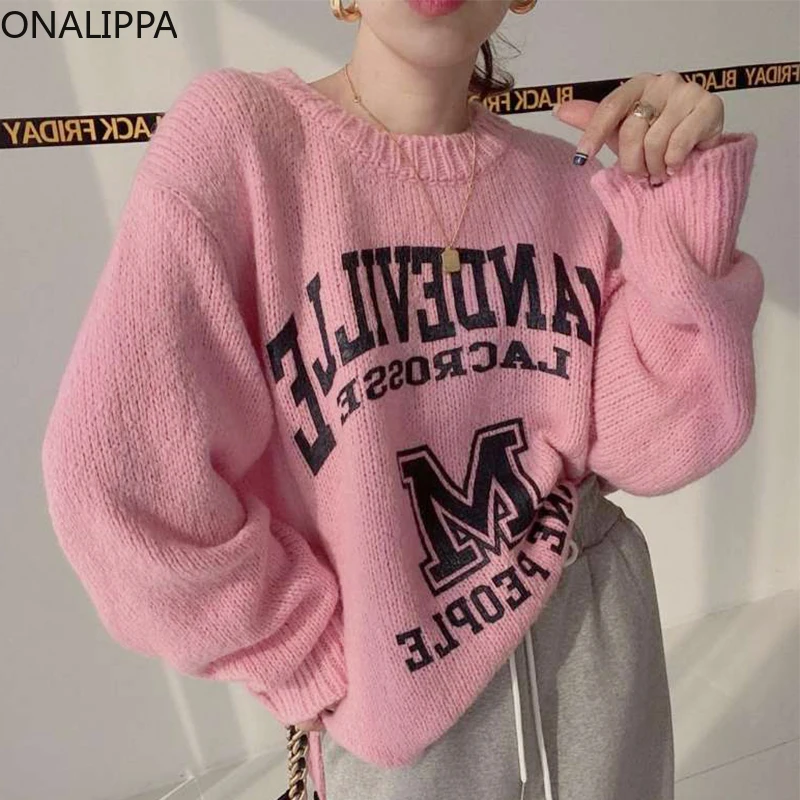 

Onalippa 2021 Women Pullover Autumn Age Reduction Round Neck Letter Jacquard Wild Loose Long-Sleeved Knitted Bottoming Sweater