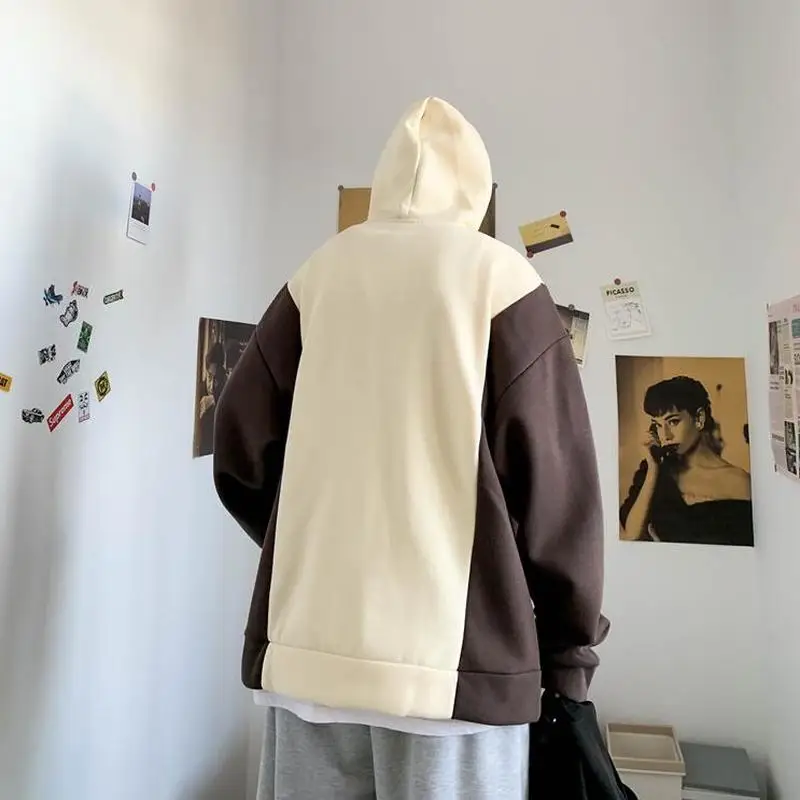 

Men with Hat Hoodies Sweatshirts Patchwork Paneled Simple Design Males Trendy Leisure Loose Chic Student Harajuku All-match Warm