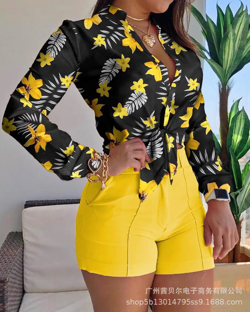 

Mandylandy Women Elegant Summer Floral Print Shirt Top Ladies Sexy Long Sleeve Stand Collar Lace Up Bow Chiffon T-shirt
