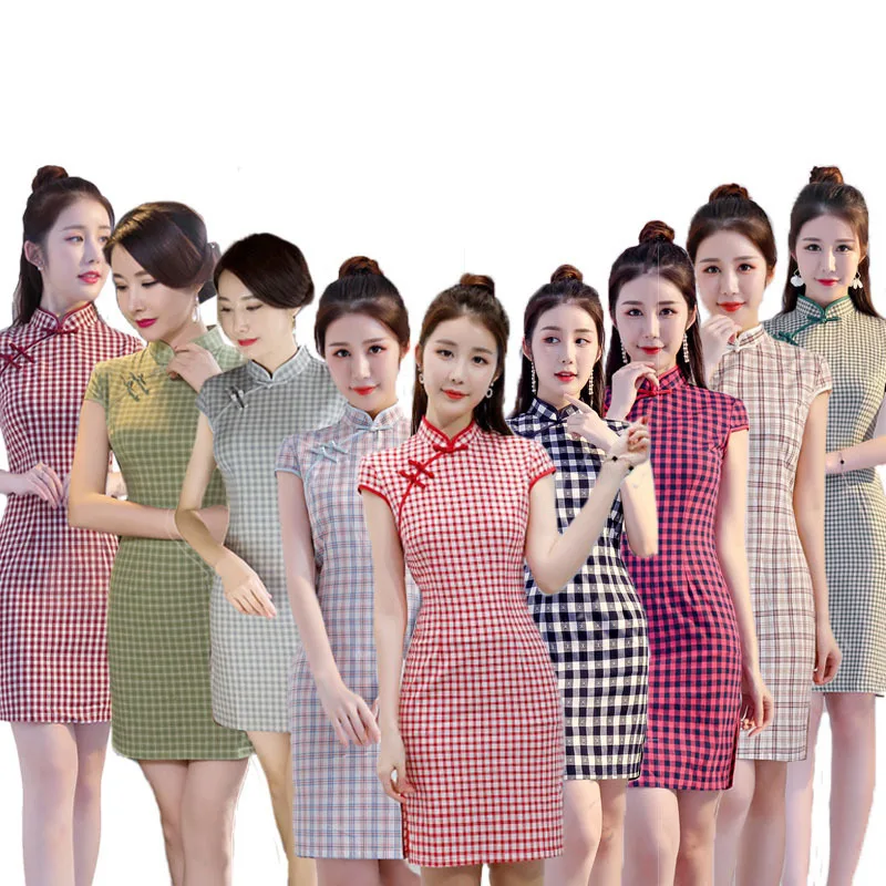 Женское короткое Ципао Sheng Coco повседневное Хлопковое платье в клетку с глубоким