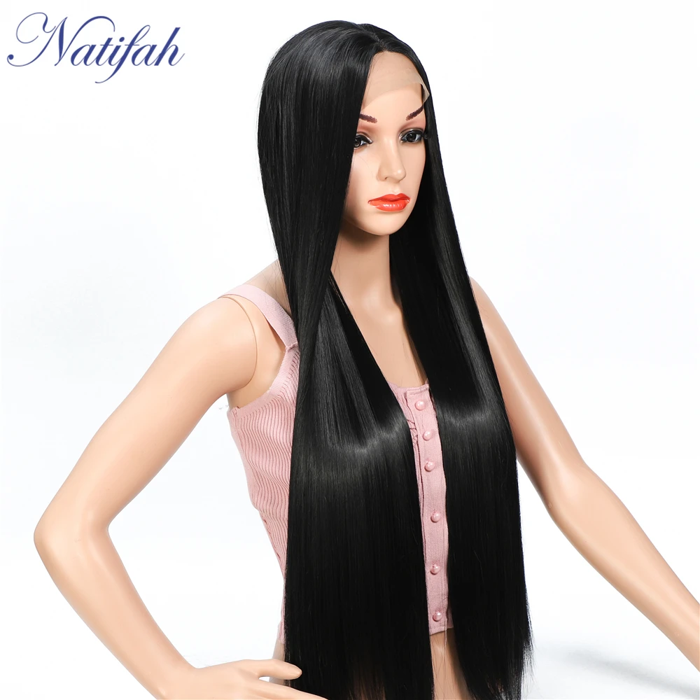 Natifah парик бразильский длинный черный прямой синтетические парики 150% плотность