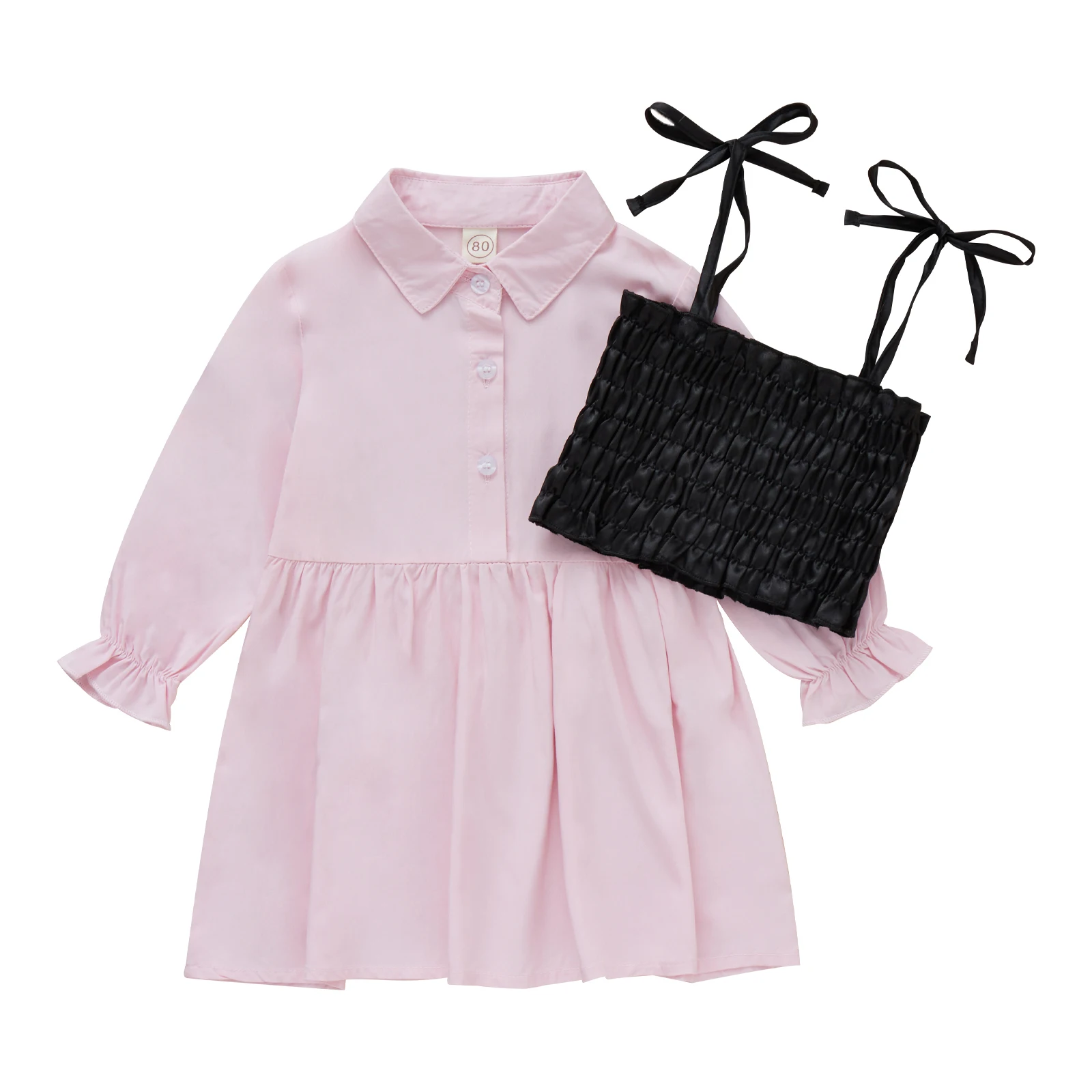 

Однотонный костюм для девочек 9-5 лет, платье с отложным воротником и длинным рукавом + жилет на бретелях-спагетти, наряды