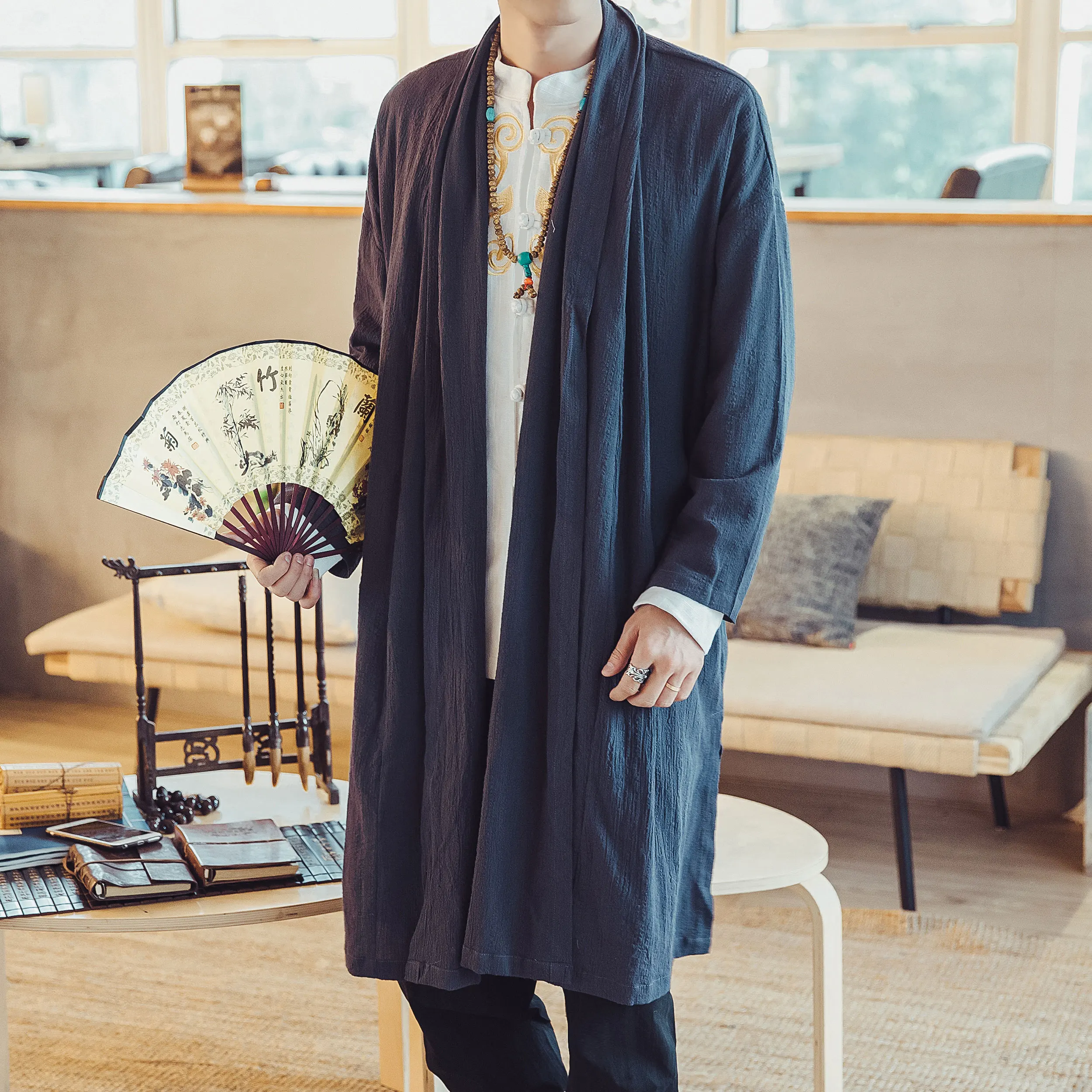 

2018 Chinese style Windbreaker Loose Coat spring autumn personality fashion casual simple trend Solid Color Long Cardigan Jacket