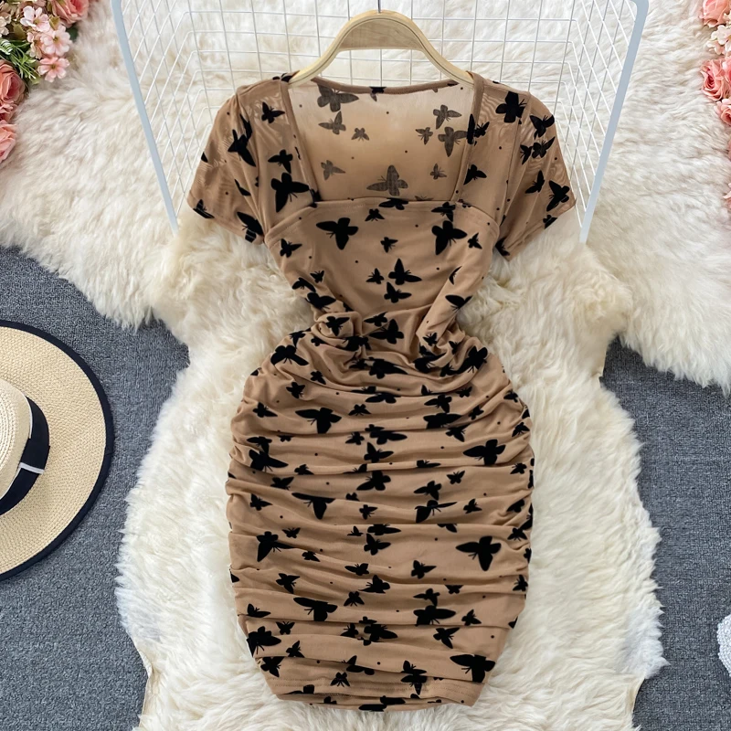 

Summer New Chic Women's Dress Square Collar Short Sleeve Mesh Butterfly Printted Slim Fit Ruched Mini Bodycon Sexy Party Dresses