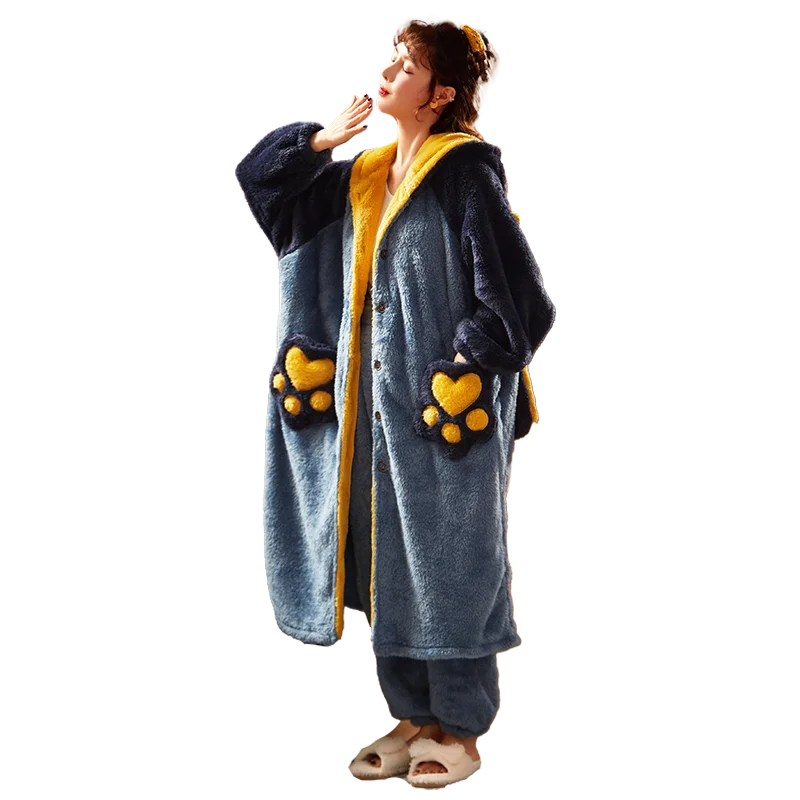 Plus Size Women Sleepwear Medium Style Winter Pajamas Set Loose Version Keep Warm Intensification Pyjamas Plush Nightgown Hooded