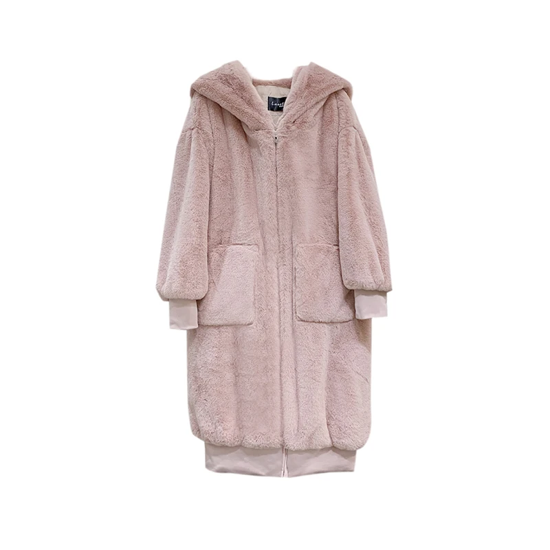 

GAMPORL Faux Fur Coat Faux Rabbit Fur Plush Clothes Winter Fashion Ladies Lapel Clothes Oversized Hooded Outerwear With Pockets