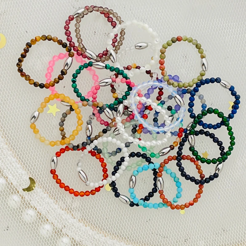 

Handmade 2mm Natural Stone Beaded Women's Rings Simple Crystal Stainless Steel Elastic Rope Ring Fashion Party Jewelry