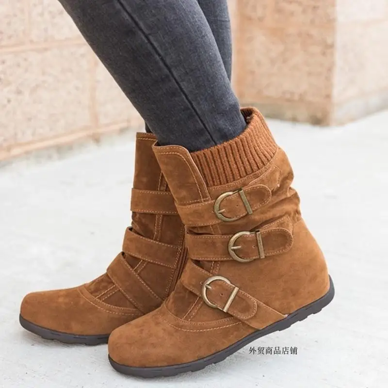 

women's shoes fashion all-match solid color imitation suede round head three buckle side zipper socks autumn winter boots
