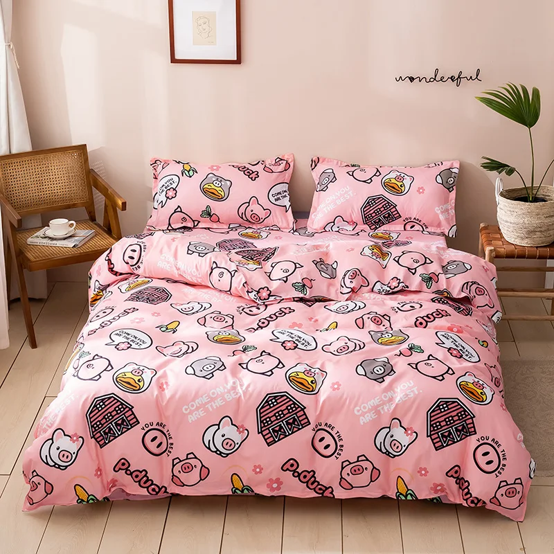 

Cianlsria Sweet Plain 4 PCE Bedding Sets A/B Double-Sided Single Bed Kids Flower Little Pig Quilt Cover Pillowcase Sheets