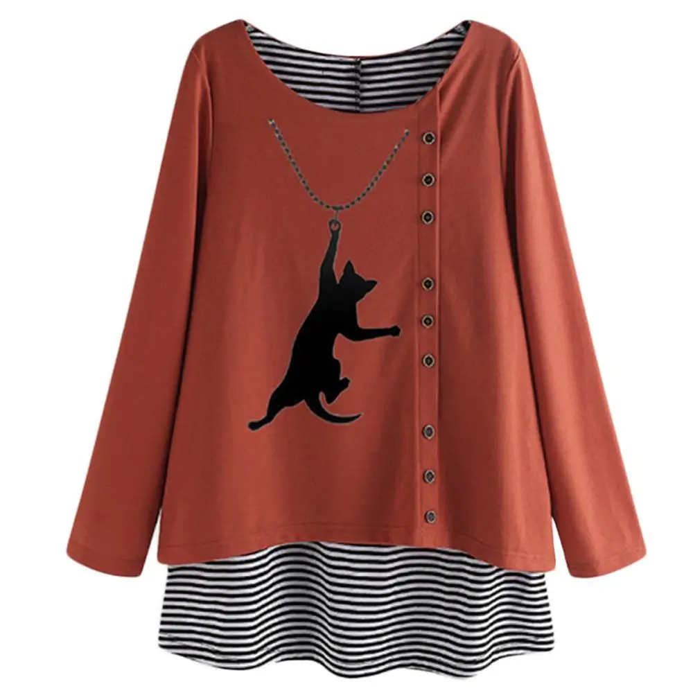 Женская блузка размера плюс длинный рукав рисунок мультяшного кота в полоску