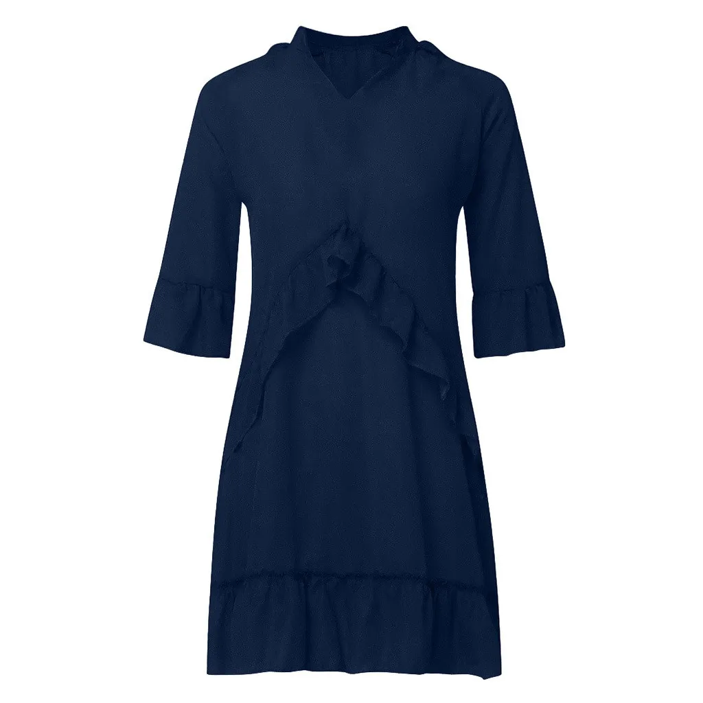 

Fashion Summer Dresses For Femela Boho Beach Holiday Women Solid V-neck Ruffles Half Sleeve Swing Shift Print Loose Dress