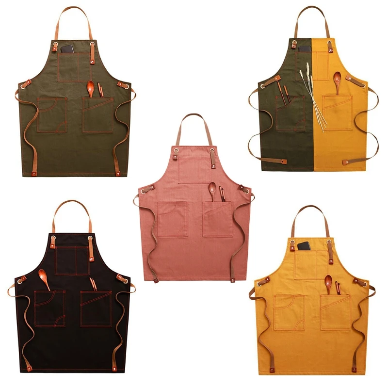 

Кухонный фартук шеф-повара из хлопчатобумажной ткани, регулируемый передний фартук с карманами, фартук для готовки, а