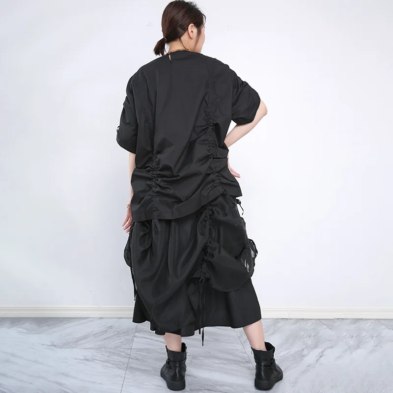 

[EAM] Women Black Drawstring Irreuglar Long Big Size T-shirt New Round Neck Half Sleeve Fashion Tide Spring Summer 2021 1W94501S