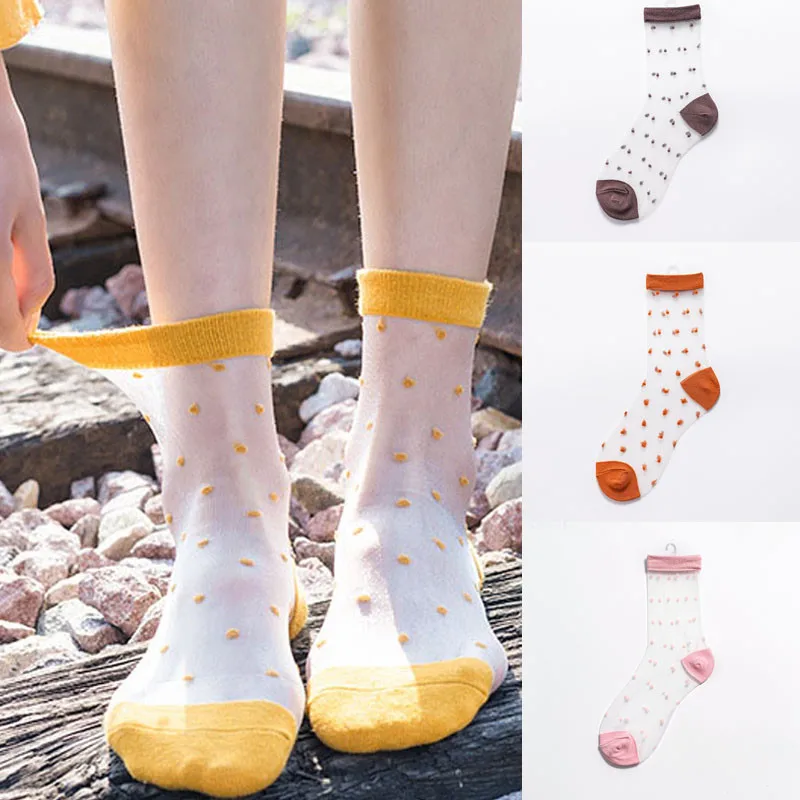 

Women's Spring Summer Socks Breathable Transparent Mesh Short Socks Female Glass Silk Transparent Cute Dot Fashion Socks