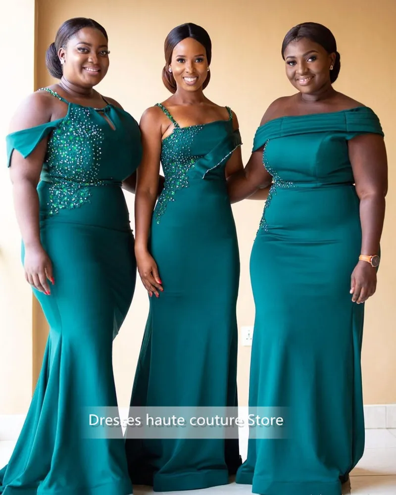 

2020 African Emerald Green Bridesmaid Dresses Beaded Long Mermaid Style Wedding Party Dress Formal Dress For Women Plus Size