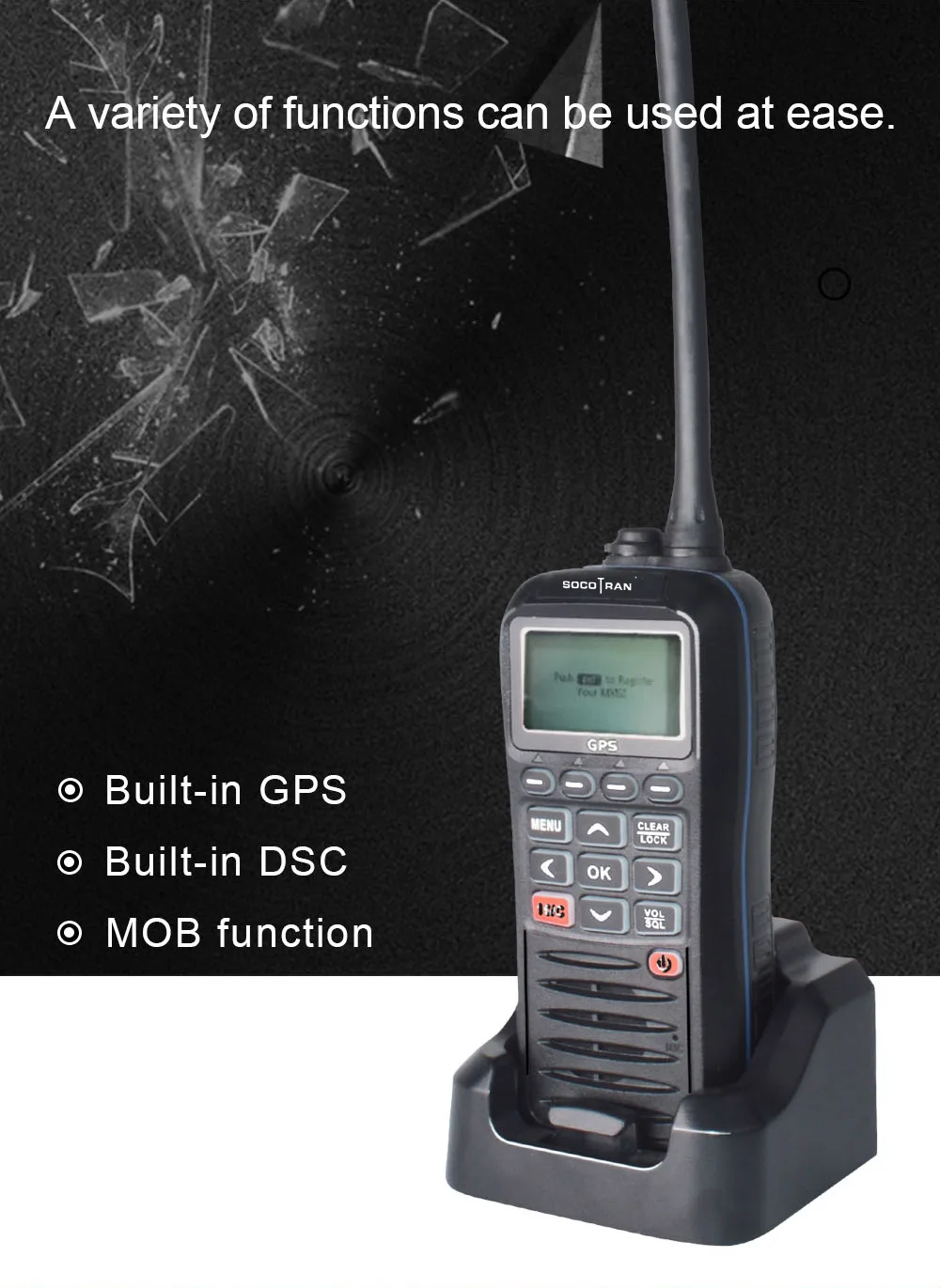 SOCOTRAN RS-38M GPS Marine Two Way Radio VHF Handheld Floats Waterproof IPX7 ATIS code Tri-watch 156.025-157.425MHz Transceiver