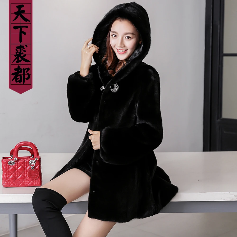 Брендовые женские черный натуральный мех норки пальто с мехом капюшоном