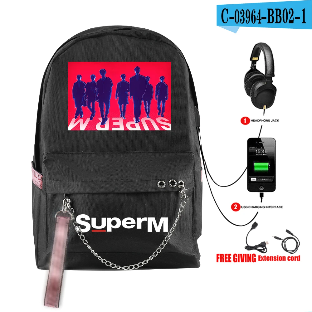 SuperM рюкзак KPOP крутой логотип команды стильный с подвесным орнаментом с USB молнией модный рюкзак для путешествий - Цвет: BB02