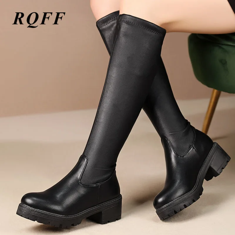 Женские сапоги до колена на платформе эластичные из искусственной кожи высоком