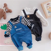 disney mickey winnie the pooh kids baby boy girls overalls suit spring autumn striped solid color fake two piece clothes sets