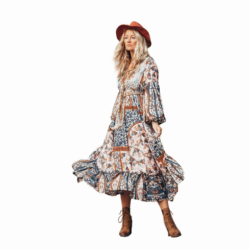 

Spring and Autumn New Bohemian Irregular Print Patchwork Vintage Dresses Women