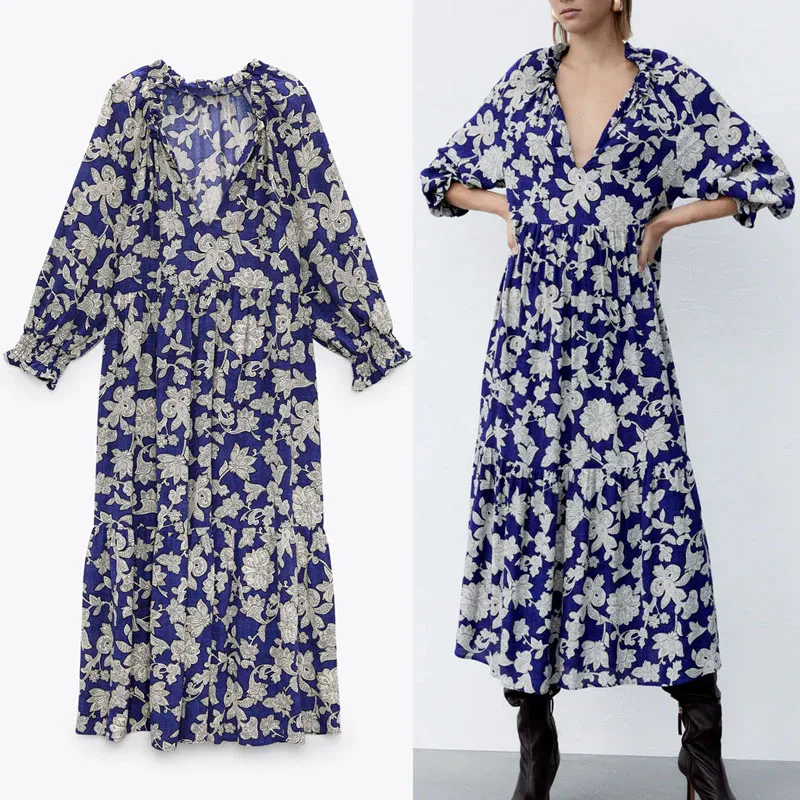 

Женское винтажное платье-миди с цветочным принтом, длинным рукавом и оборками