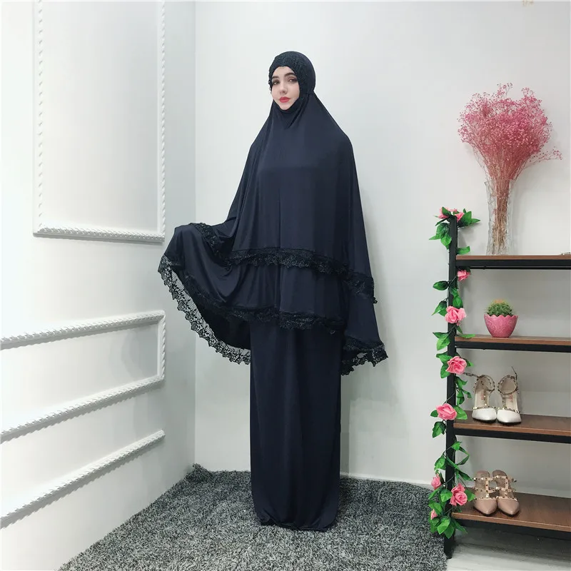 2 Piece Hijab Dress Muslim Women Prayer Khimar Jilbab Arab Overhead Abaya Clothing Ramadan Oman Suit Worship Service Middle East