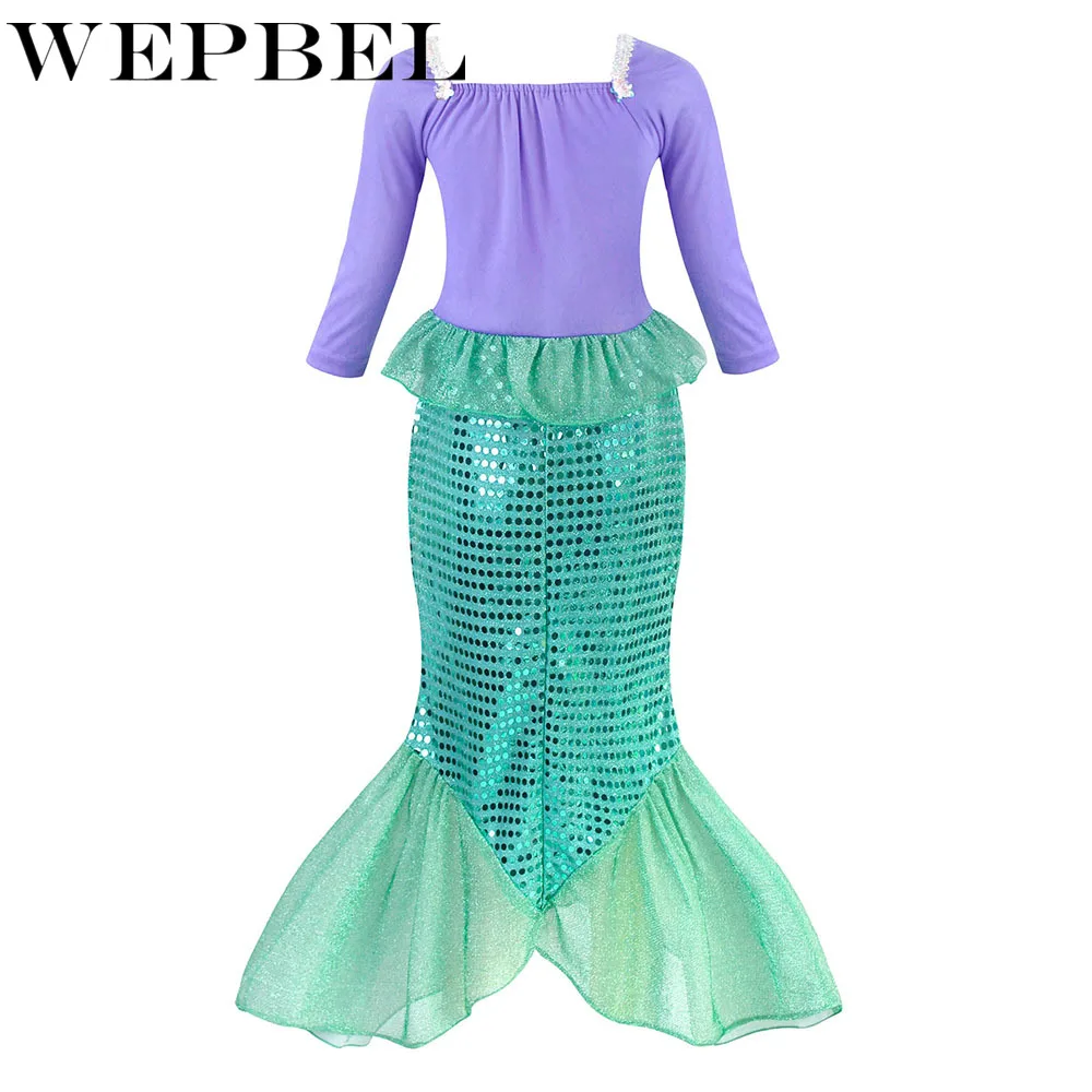 WEPBEL Little Girls Mermaid Princess Ariel dress cosplay Costume Sequins Dress Up Fancy Party Gown Long sleeves Clothes | Детская одежда