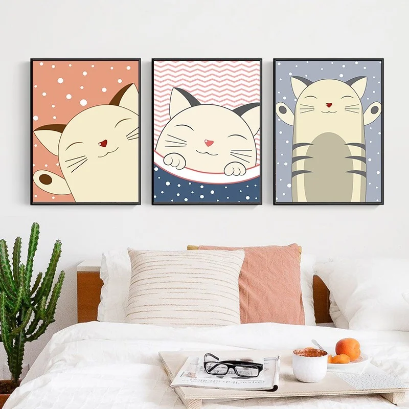 

Modern Cartoon Watercolor Illustration Animal Cat Nordic Style Frameless Painting Core Children's Room Decoration HD Paintings