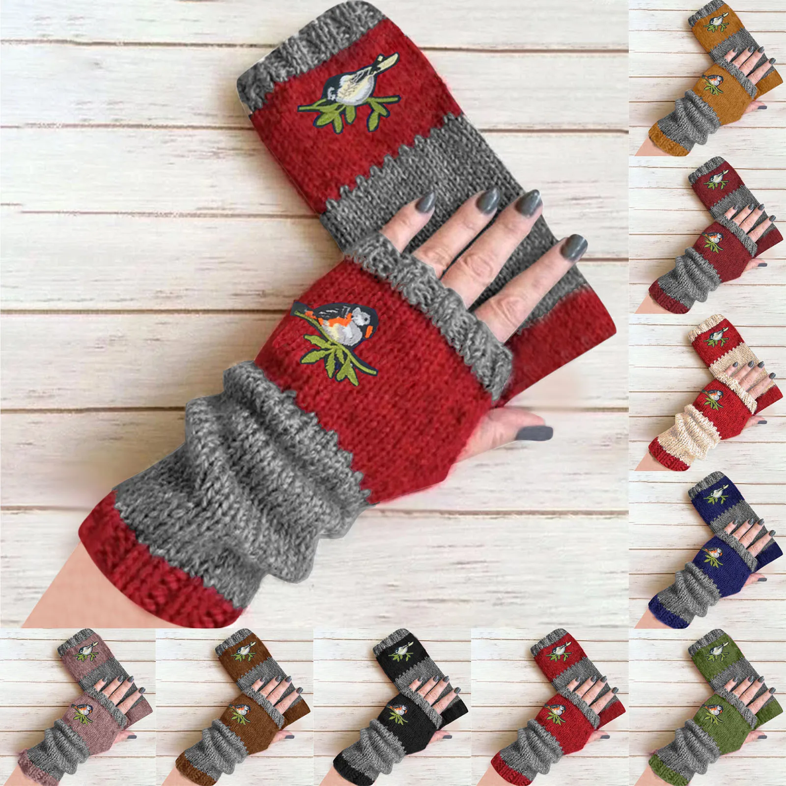 

Women Fingerless Gloves Winter Knit Gloves Warm Plus Velvet Embroidere Outdoor Glove Without Fingers Printed Girls Mittens Gift