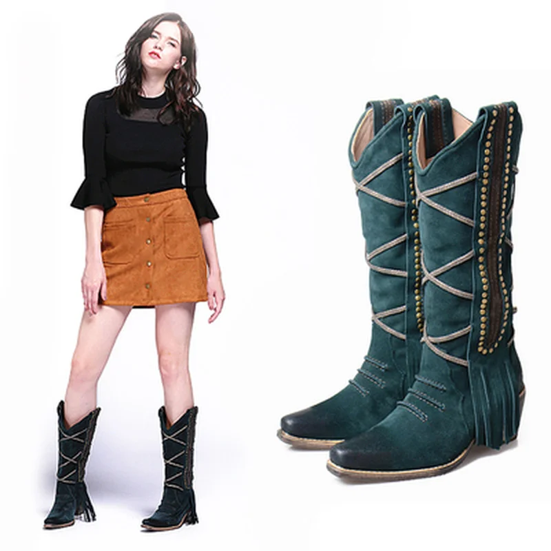 

Pointed Toe Color Matching Frosted Cowhide Cross-leather Strappy Boots Made Old Tassels Rivets Retro Female Knight Boots