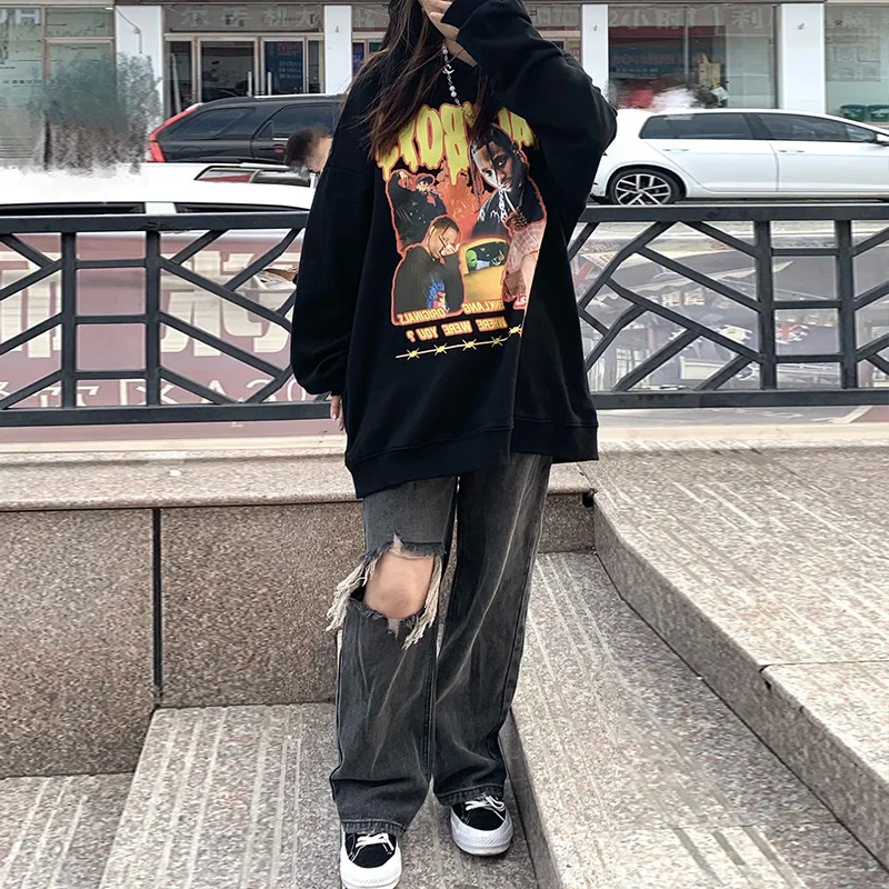 

American Retro Hooded Sweater Women's Spring and Autumn Korean Style Boyfriend Lazy Fashion Printing Thin Coat Loose
