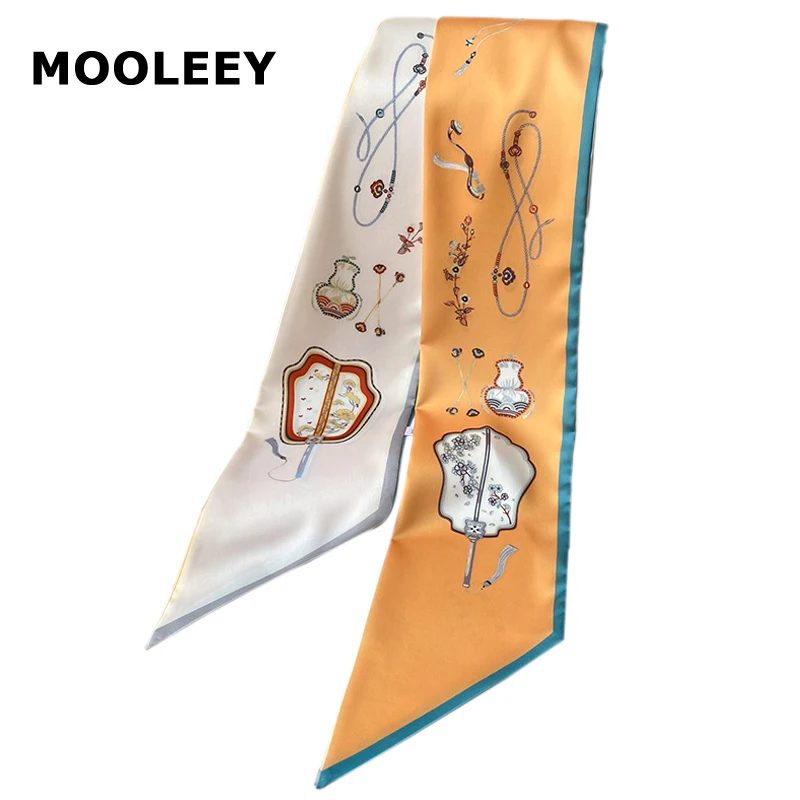 

New Classical Feminine Fan Pattern Silk Scarf Chinese Style Pointed Long Neck Scarves Female Neckerchief Ribbons Silk Belt Gift