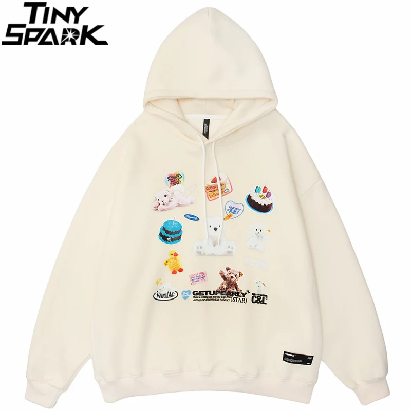 

Hip Hop Hoodie Streetwear Sweatshirt Bear Cake Duck Print Pullover 2021 Men Harajuku Cotton Casual Hooded Hoodie Autumn Blue