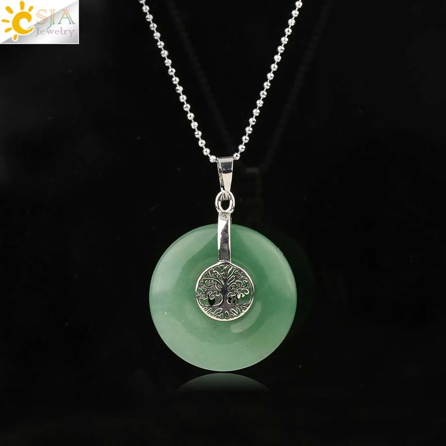 Aventurine Chain Csja Древо жизни Подвески натуральный кристалл полый круглый камень «reiki» энергии мудрость деревья Для женщин Для мужчин Подвески Ожерелья G146 - Окраска металла: Aventurine Chain