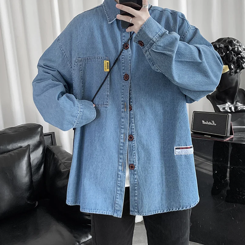 Mens Long Sleeve Jeans Shirts for 2021 Fashion Trends Plus Size Clothing Teens Blue Denim Button Up Blouses Oversized Streetwear |