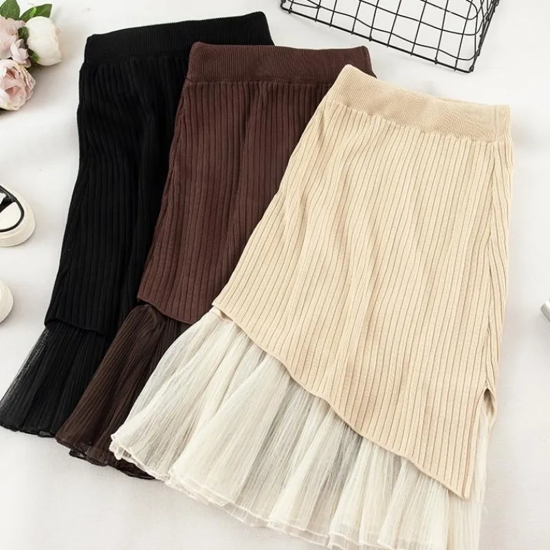 женская модная юбка 2019 зима вязание шерсти большая эластичность высокая талия