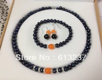 hot new 2014 fashion style diy black cultured pearl orange chalcedony bracelets necklace earrings set my5011