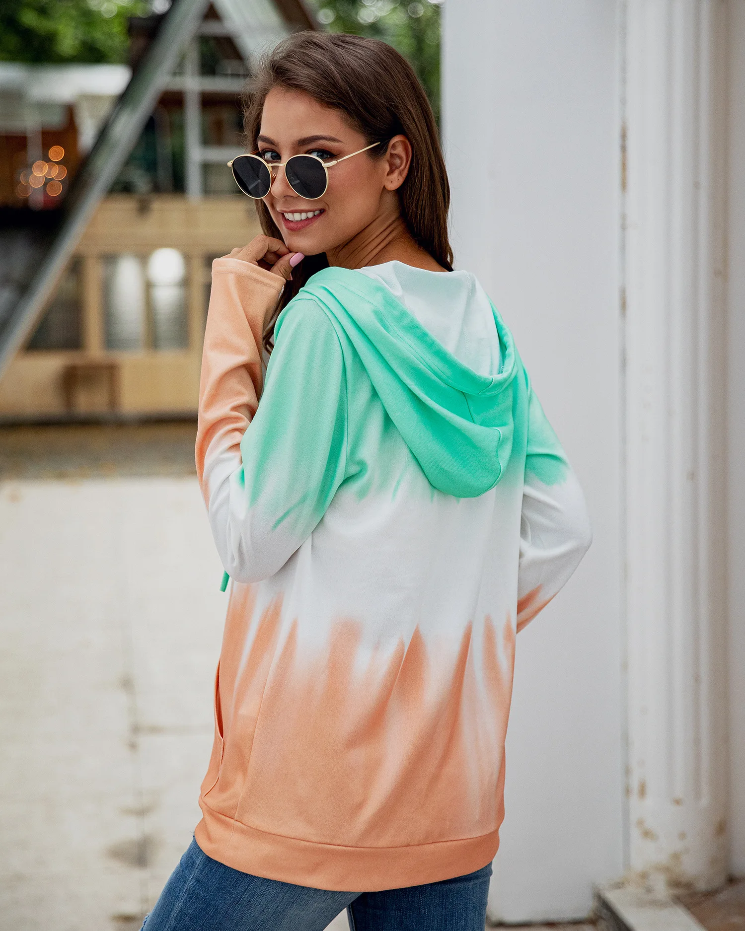 

Autumn Winter Fashion Gradient Printed Pocket Hoodie White Pink Blue Long Sleeve Pullovers