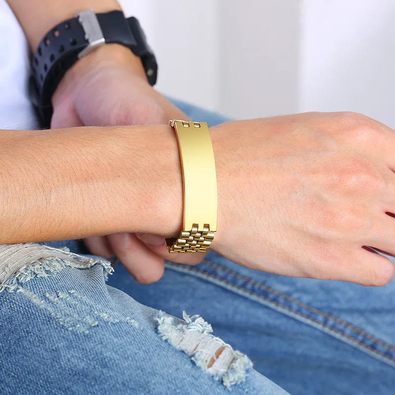 

NHGBFT 21.5cm Stainless Steel Bending Bracelet Male Fund Gold Black color Bracelet Male Jewelry