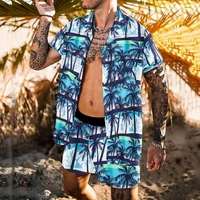 80 hot sell beach outfit digital print short sleeve men lapel buttons shirt shorts set for beach