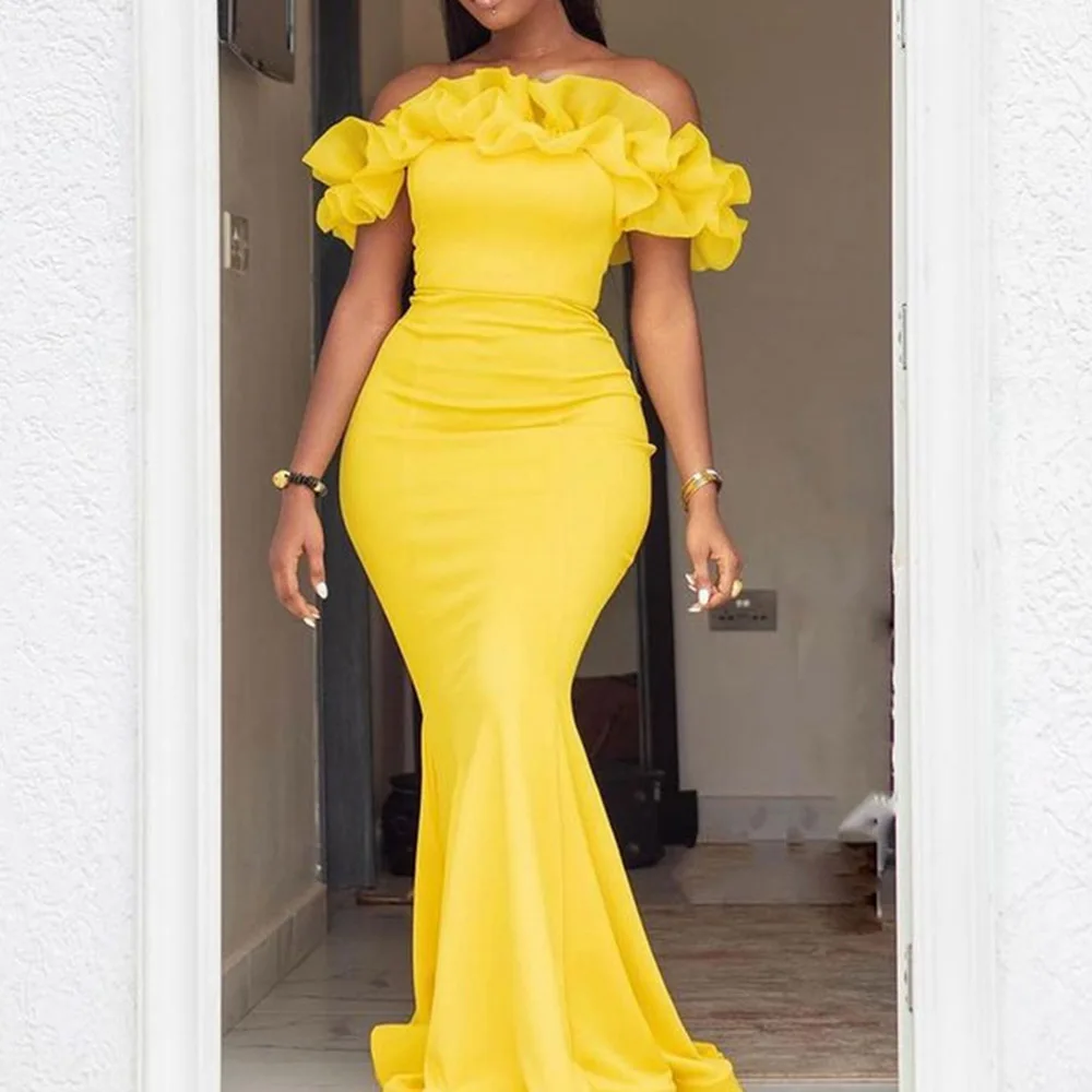

Plus Size Sexy Evening Party Dress Women Brand Designer Summer 2021 Off Shoulder Ruffle Yellow Long Bodycon Dresses Floor-length