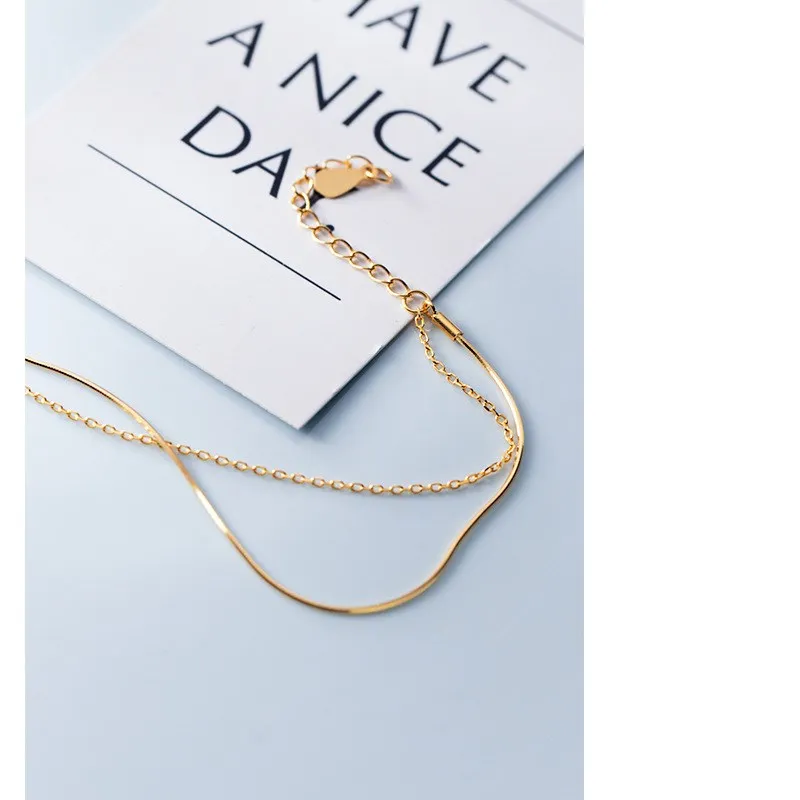 100% 925 Sterling Silver Double Layer Gold Color Plated Snake Chain Charm Bracelets Fine jewelry for Women Girls | Украшения и