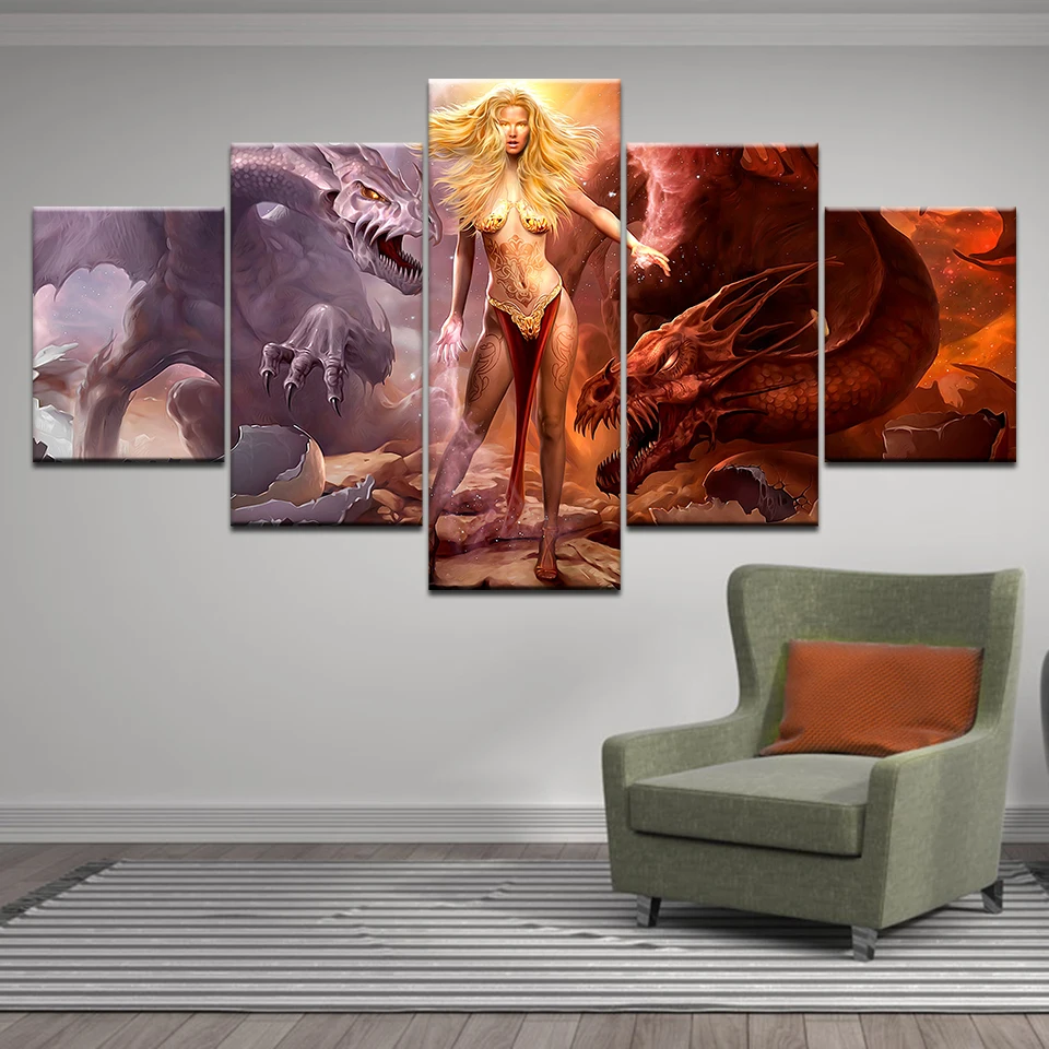 

Wall Artwork Modular Picture Printed Painting 5 Set Fantasy Scene Knight Fighting Dragon Canvas Poster Modern Home Decoration