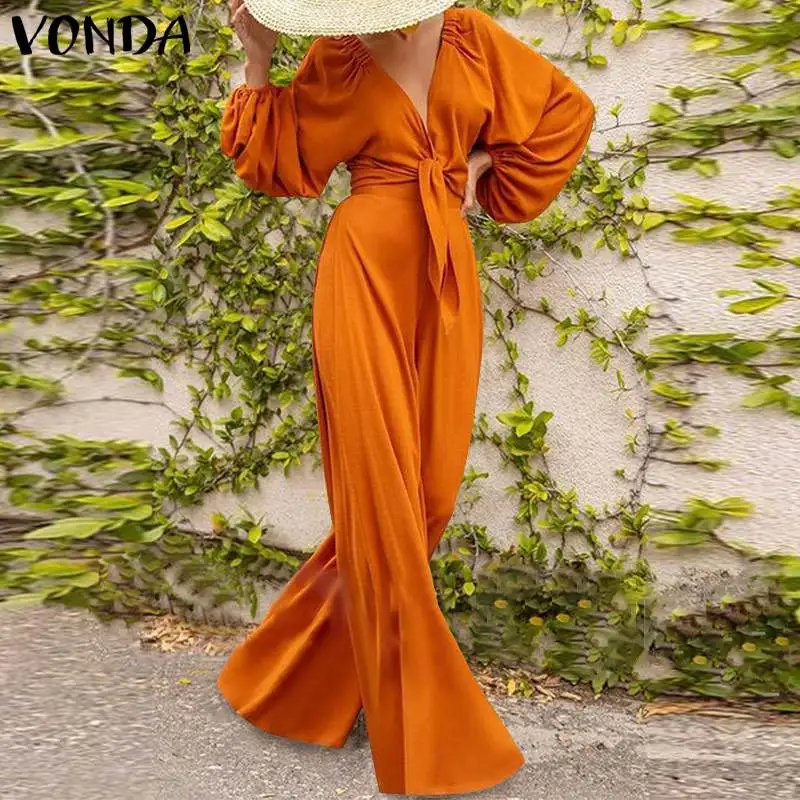 

Women Jumpsuits VONDA 2021 Autumn Wide Leg Overalls Sexy Deep V Neck Playsuit Bandage Pantalon Femme Streetwears Oversized