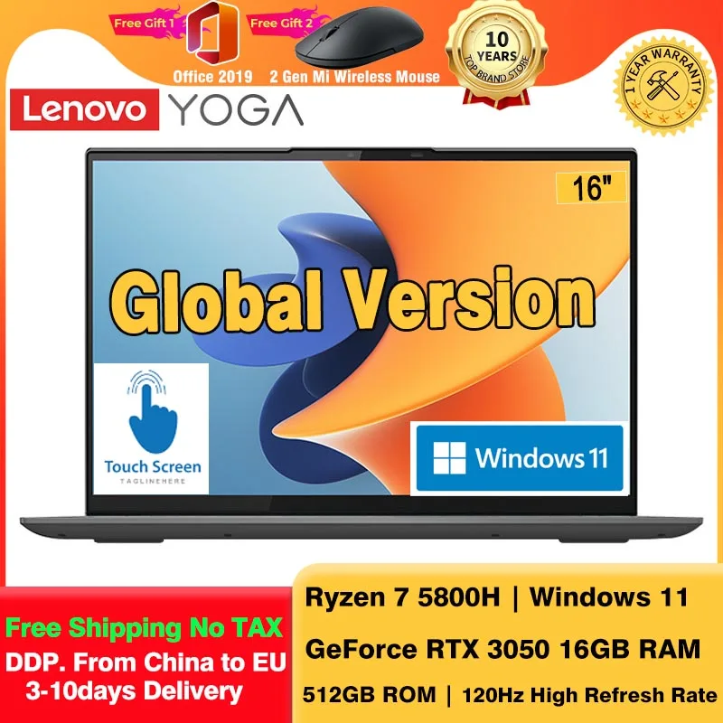 Lenovo YOGA 16s Notebook Ryzen 7 5800H Laptops 16G RAM 512GB SSD 16Inch IPS Touch Screen GeForce RTX3050 Ultrabook Computer