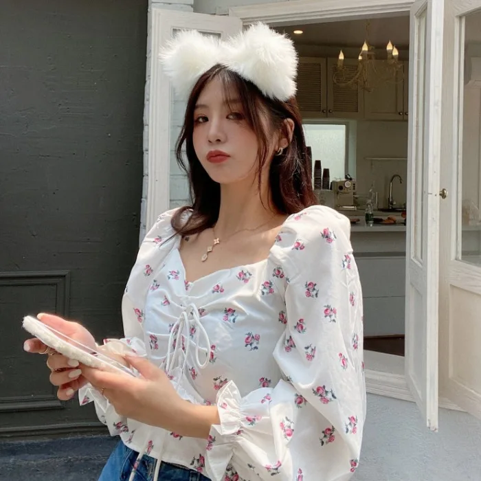 

2021 Summer New Slim-Fit Elegant Top Women's Pure Korean Ins Style Square Collar Floral Vintage Chiffon Shirt