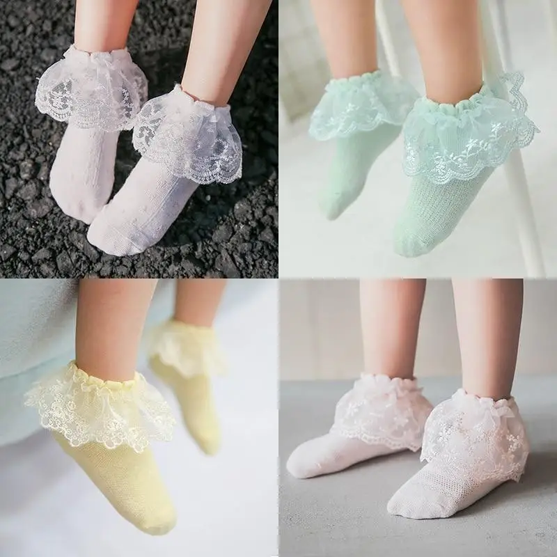 3 par/lote s&oacute;lido chico beb&eacute; ni&ntilde;as volantes de encaje con volantes calcetines princesa corto de encaje tut&uacute; danza calcetines de malla fino calcetines de algod&oacute;n-1